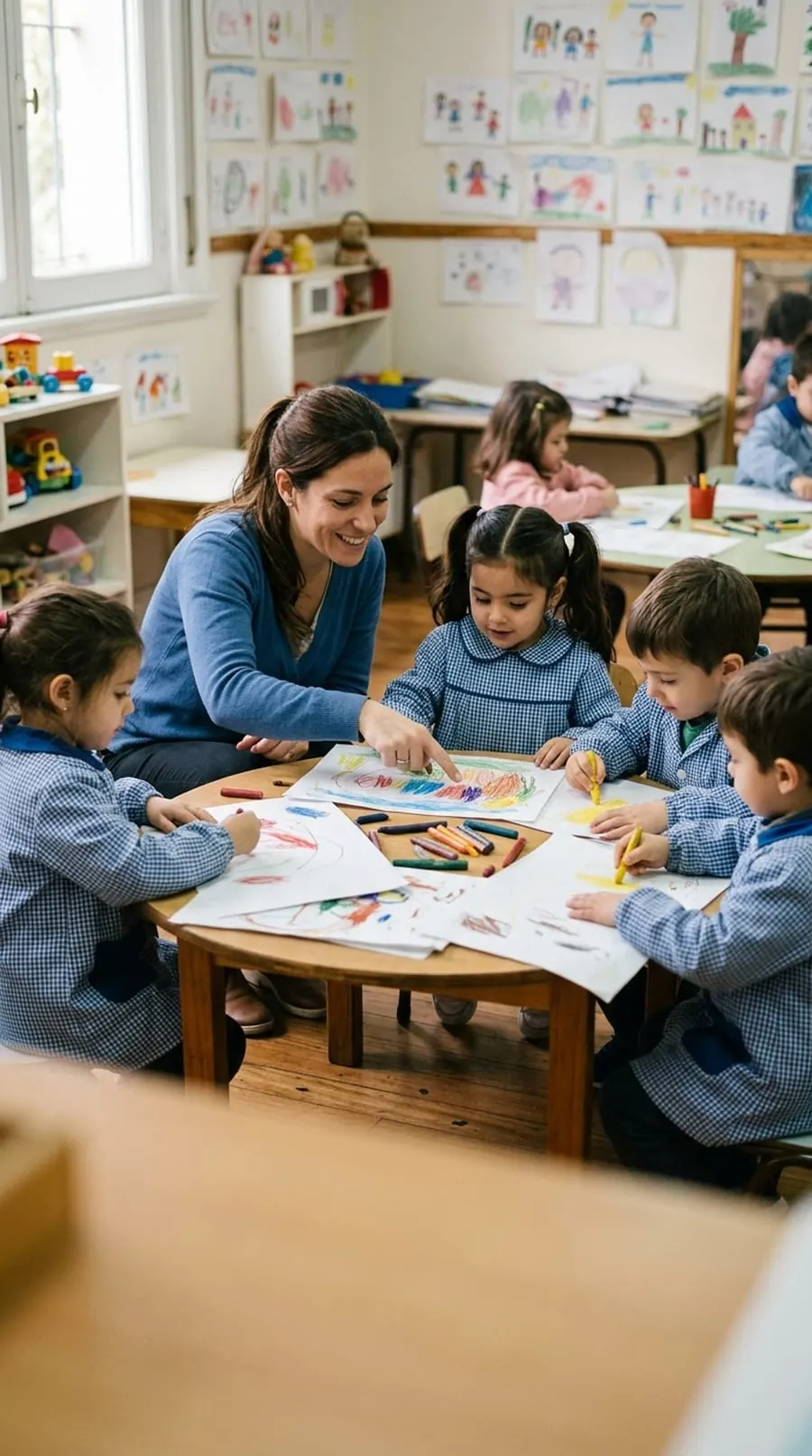 Una maestra con chicos de guardapolvo a cuadritos dibujando en una mesa del jardín