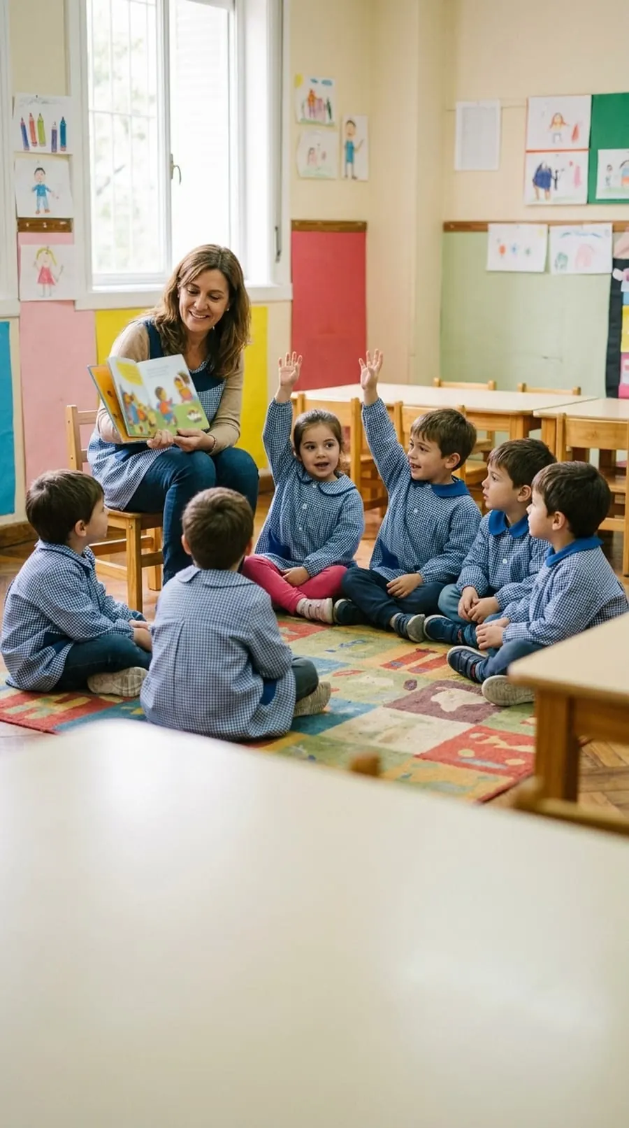 Una maestra leyendo un cuento a chicos de guardapolvo sentados en ronda