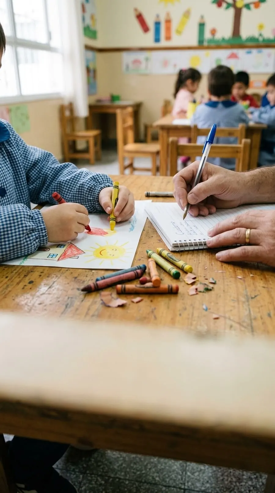 Las manos de un chico dibujando con crayones y la mano de la maestra anotando en un cuaderno